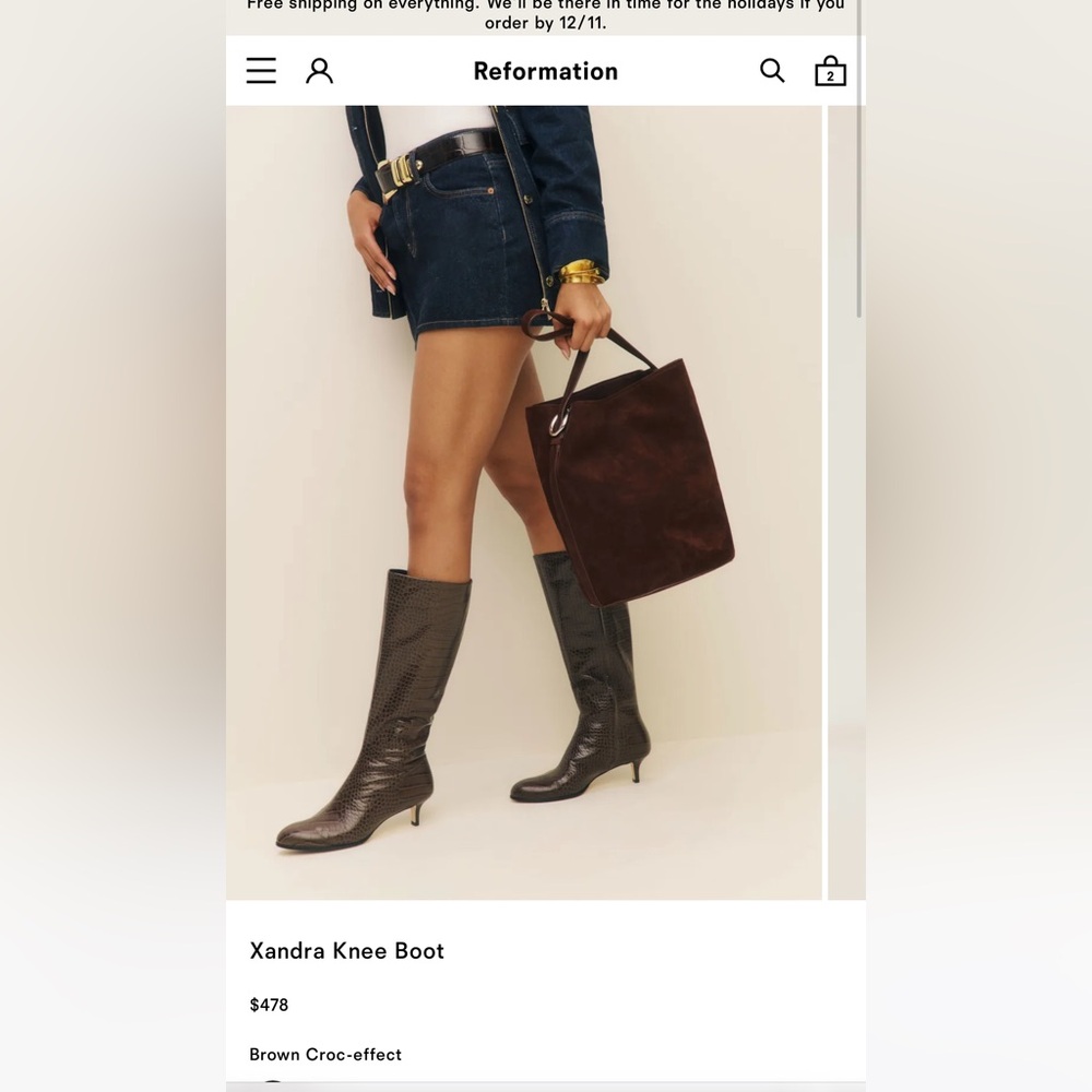 Reformation Xandra Knee Boot – Brown Croc-Effect, Size 6 – Excellent Condition